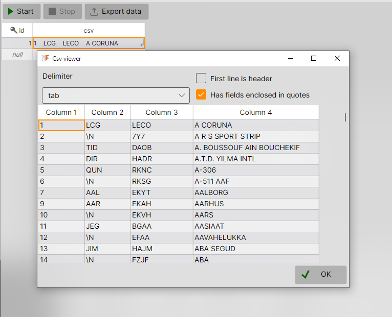 CSV viewer window